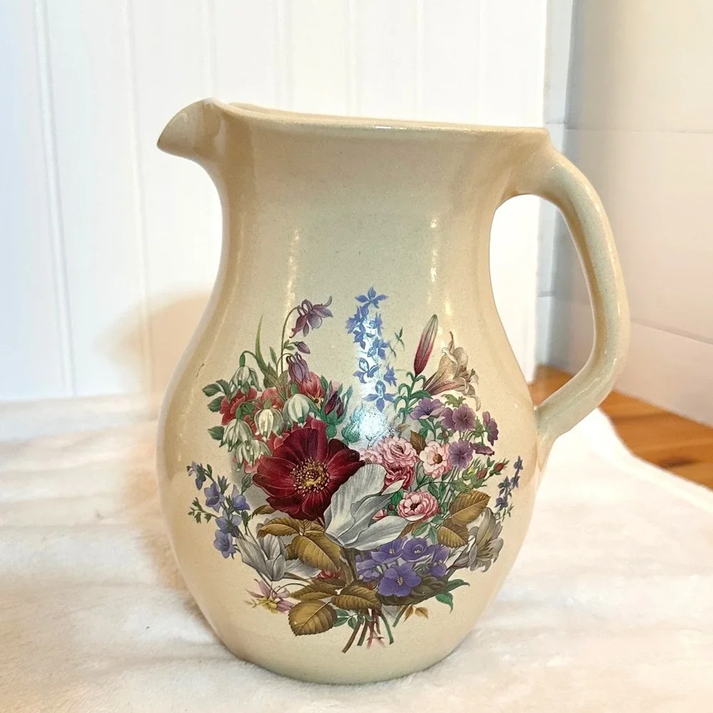 Vintage Shaker & Thangs Pottery Floral Pitcher Cream Excellent Stoneware Vase